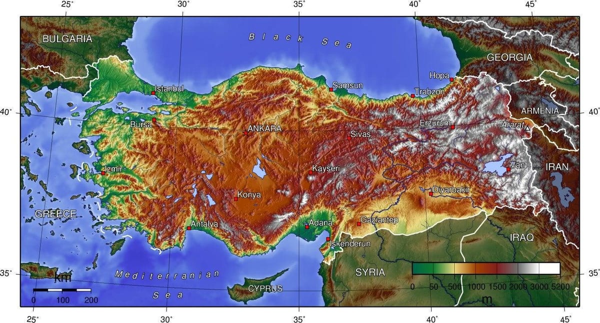 mapa da Turquia elevação