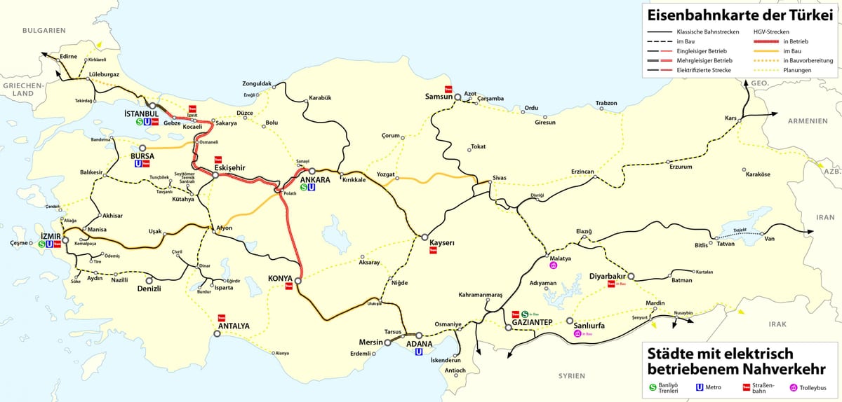 mapa da Turquia ferroviária
