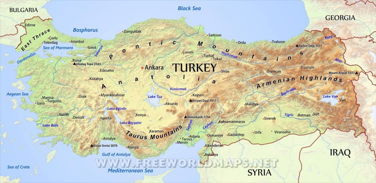 Turquia mapa geográfico - Turquia mapa geográfico (Ásia Ocidental e a Ásia)