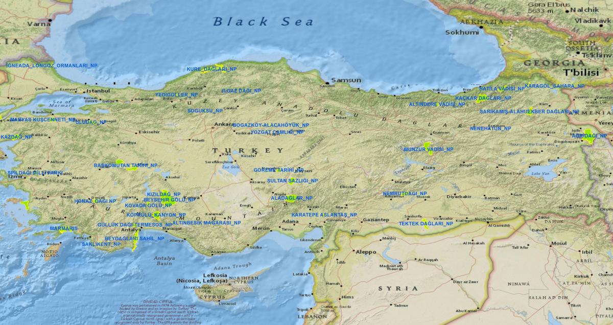 mapa da Turquia parques nacionais