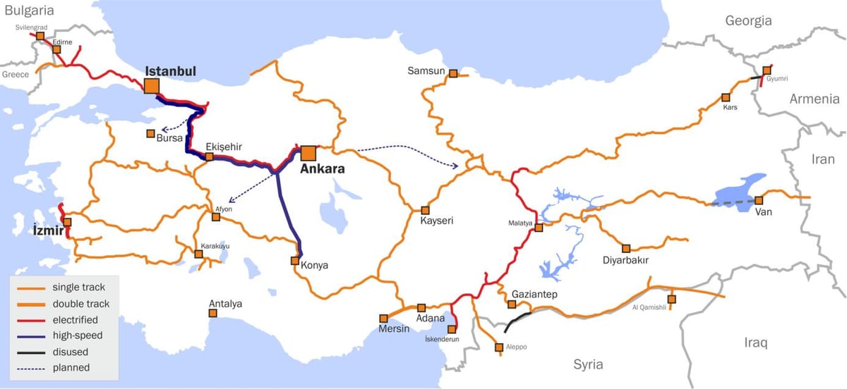 mapa da Turquia trem